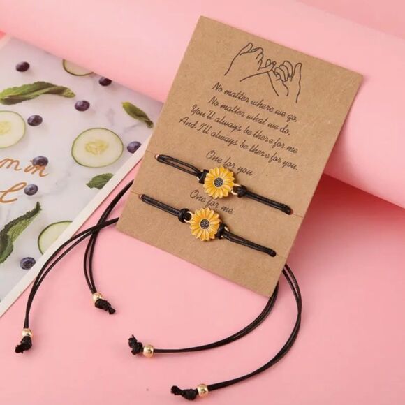 NEW PAIR OF SUNFLOWER CHARM FRIENDSHIP/UNISEX ADJUSTABLE FAUX LEATHER BRACELETS - Picture 4 of 7